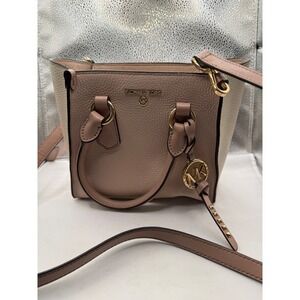 Michael Kors Pink‎ Beige Leather Satchel Crossbody Bag Gold Hardware MK Charm